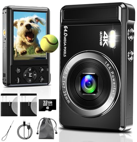 4K 64MP Digitalkamera mit 32GB SD-Karte für Fotografie, Autofokus Kamera fotokamera Tragbare Mini Kompakte Kamera für Jungen, Mädchen, Kinder, Anfänger, Teenager mit 16X Digitalzoom und Batterie