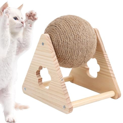 Hobngmuc Rascador para Gatos con Bola, Bola de Madera Maciza para rascar, Suministros de Entretenimiento estables, Divertidos Juguetes interactivos para Interiores y Exteriores