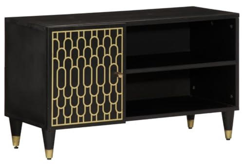 Qnhdfrt TV Schrank Massivholz Mango 80 cm Breite Schwarz Retro Design mit Stauraum und Eisenbeinen für Wohnzimmer