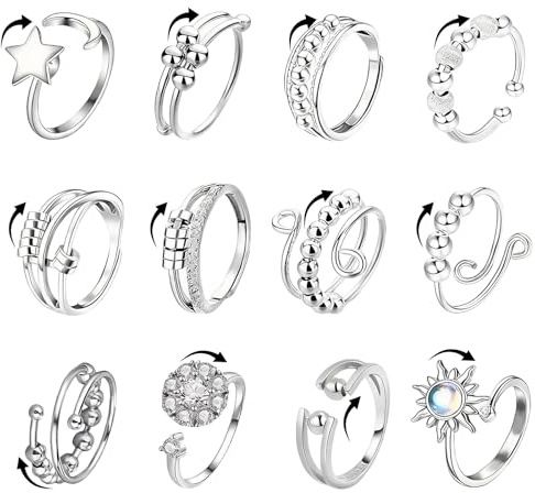 ZhouWei 12 stycken anti-stressring för kvinnor, anti-stressringar set i rostfritt stål, justerbar öppen fidget, anti-stressring, ångestlindringar, för avslappning, dam, herr (silver)