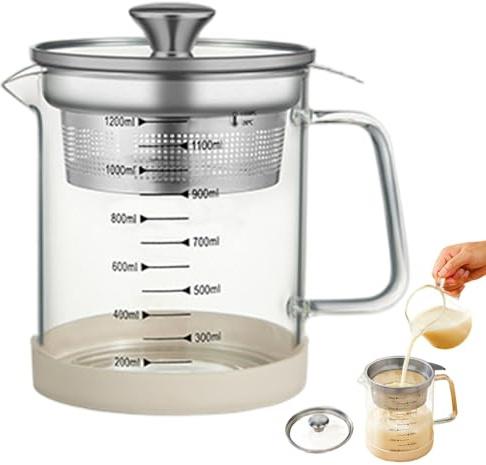 SMELEYOU Glass Pitcher with Lid 1.2L Glass Yogurt Strainer with Scale Multi-functional Nut Milk Strainer for Filtering Juice Tea Soy Milk