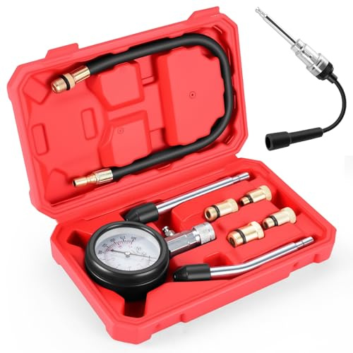 Ghekkli 9tlg KFZ Benzin Motor Kompressionsprüfer 0-300 PSI / 0-20 Bar, Auto Kompressionstester für Benzinmotor mit 4 Adapters M10 M12 M14 M18 und Zündkerzentester (Rot)