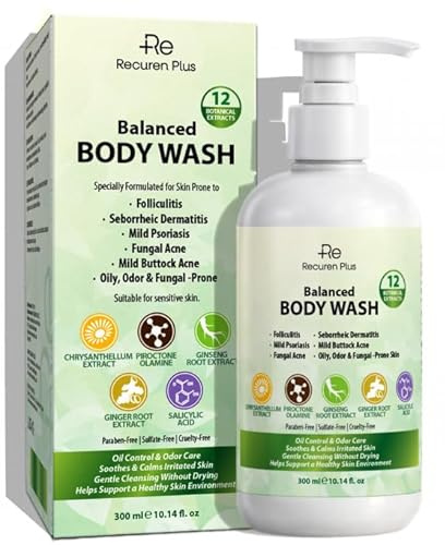 Seborrheic Dermatitis & Folliculitis Body Wash: Shower Gel for Back Acne, Psoriasis, Ringworm & Jock Itch – Antibacterial Anti Itch Body Wash With Salicylic acid