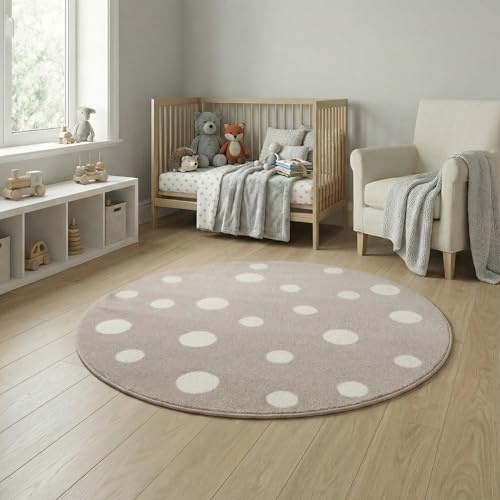 Jimri Kinderteppich DOTS l Pünktchen Gepunktet l Öko-Tex Siegel | Farbe: Beige Blau Rosa | Kinderzimmer/Jugendzimmer