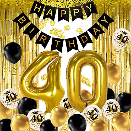 iZoeL 40 Geburtstag Deko Mann Geburtstagsdeko 40 Zahlenballon Konfetti Luftbabllon Happy Birthday Girlande Vorhänge Schwarz Gold