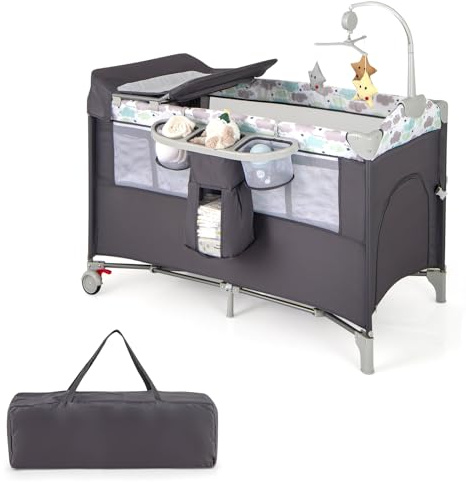 COSTWAY 5 en 1 Cuna Bebé con Ruedas Bloqueables, Cuna de Viaje con Cambiador, Juguetes Colgando, Caja de Música, Colchón y Bolsa de Transporte, Cama Infantil de 2 Niveles (Gris)