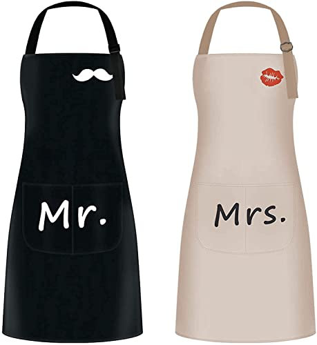 AMIGOGO 2 Pezzi Grembiule Cucina Impermeabile Grembiule da Cucina Chef Grembiule da Barbecue Regolabile Grembiule Cucina per Donna e Uomo con Tasche Grembiuli per Cottura e Regali(Nero E Marrone)