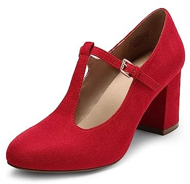 DREAM PAIRS Low Chunky Heels for Women T-Strap Mary Jane Pumps Wedding Dress Shoes,Size 8.5,Red,DPU211