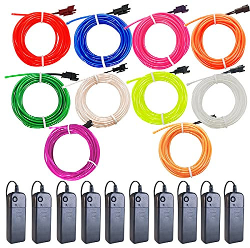 EL Wire 10 Colors, 9ft Neon Light Wire 10 Pack with Battery Pack(Green, Blue, Red, White, Pink,Purple,ice Blue,Yellow,Orange,Fluorescent Green) for Halloween Decorations DIY Costume