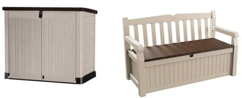 KETER Abri Horizontal Range Poubelle SIO Pro - 1200 litres - Beige & Banc Coffre extérieur Eden Bench - 265 litres