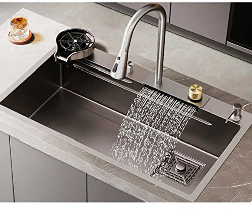 Samnuerly Küchenspüle 304 Edelstahl Raindance Wasserfallspüle Hausspüle Gemüsebecken Einzelspüle mit ausziehbarem Wasserhahn, Unterdruck-Tassenwaschmaschine (Size : 75x45cm)