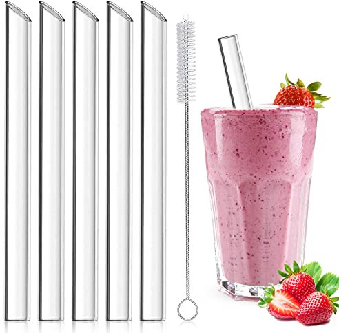 5 Piezas Pajitas Bubble Tea, 14 mm Vidrio Bubble Tea, Pajitas Cristal Reutilizables con Cepillitos, Extra Ancha de Pajitas Cristal para Bubble Tea, Cócteles, Batidos, Jugo
