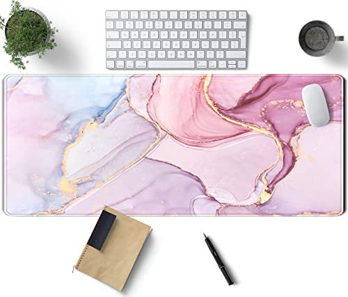 Desk Mat - Computer Cover Mouse Pad, Pink Mousepad Desktop Office Decor Accessories, Marble Laptop Keyboard Mat for Women, Cute Large Gaming Rose Gold Pad 31.5x11.8 in