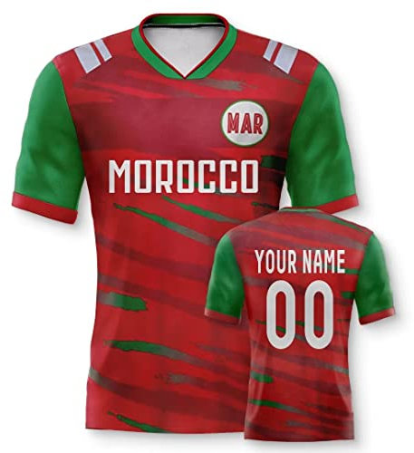 Marokko Personalisiertes Weltmeisterschaft Fussball Trikot mit Ihrem Namen und Nummer für Herren Damen Kinder Casual Sport Fan T-Shirt Trikot Geschenk Rot
