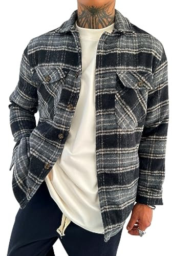 COFI 1453 Flanell Jacke Holzfällerhemd | Herren Button Down Outdoor Baumwolle Freizeithemden | Flanellhemden Herren Langarm | Schwarz, S