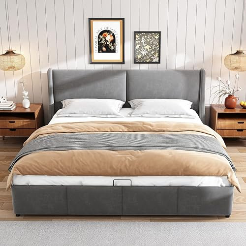 Lit rembourré 160 x 200 cm, Cadre de lit avec rembourré avec sommier à Lattes, Lit Double en Forme d'oreiller et Fonction de Rangement hydraulique (sans Matelas)