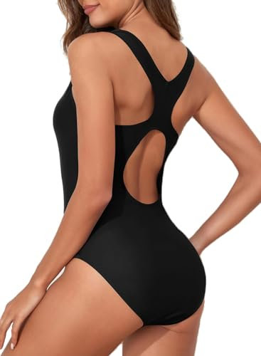 Aleumdr Einteilige Badeanzug mit Cups Damen Sport Bademode Bauchweg Monokini Push Up Shape Swimsuits Schwarz Größe Mittel