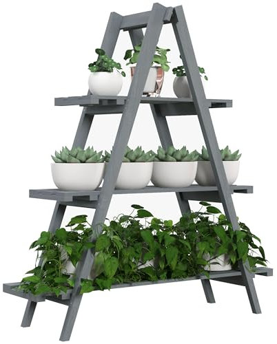 Outsunny Estantería para Plantas Plegable de Madera Soporte para Macetas de 3 Niveles con Marco en A para Exteriores Interiores Salón Jardín Balcón 100x36x112 cm Gris