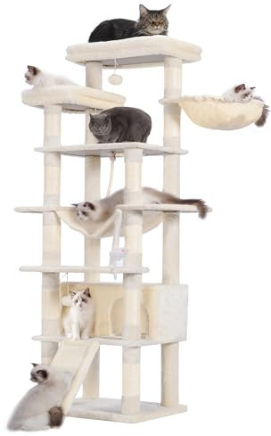 Heybly Arbre à Chat, Hauteur 200 cm, avec 11 Griffoirs, 2 Plate-Forme, 1 Planche à Griffer, Niche, Panier, Hamac, 3 Pompons, Multi-Niveaux pour Chat d'Intérieur, Beige HCT033M