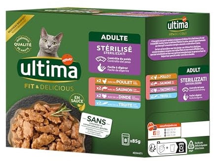 Ultima Fit & Delicious - Comida húmeda para Gatos Esterilizados - Multipack de 8x85g (Pollo, Pavo, Salmón, Trucha)