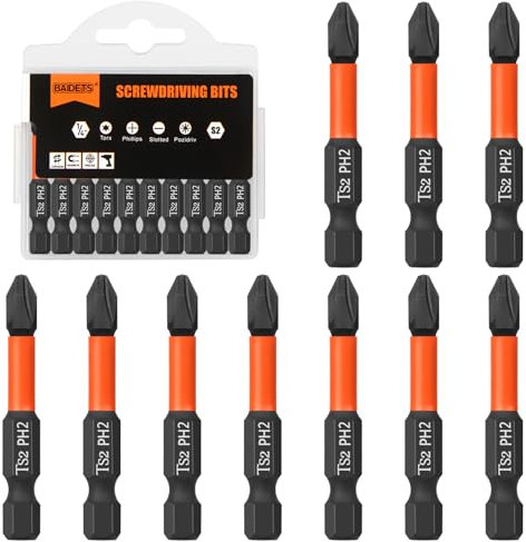BAIDETS Pro PH2 Schrauber Bit Set - Schraubendreher Phillips 10 Stück, 50mm Länge, 1/4 Sechskantschaft Bit-Sortiment, mit Spender-Box