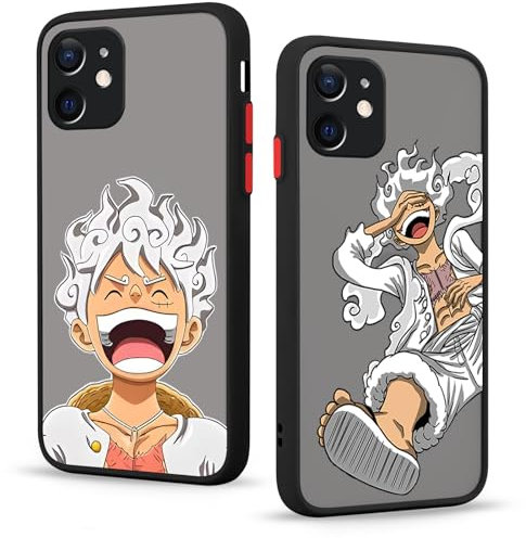 2 Pack Phone Case For iPhone 12 6.1 inch, Anime Luffy Gear 5 Nika Sun God Cartoon Manga Pattern Shockproof Soft Aesthetics Design Full lens Protection Cover for Children Boy Girl, Black