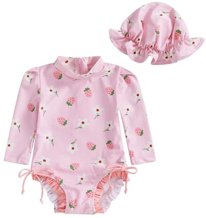 LYSINK Toddler Baby Girl Swimsuit Set One Piece Long Sleeve Zip Up Rash Guard Swimwear with Cute Sun Hat 2Pcs Bathing Suit (Bn Pink, 12-18 Months)