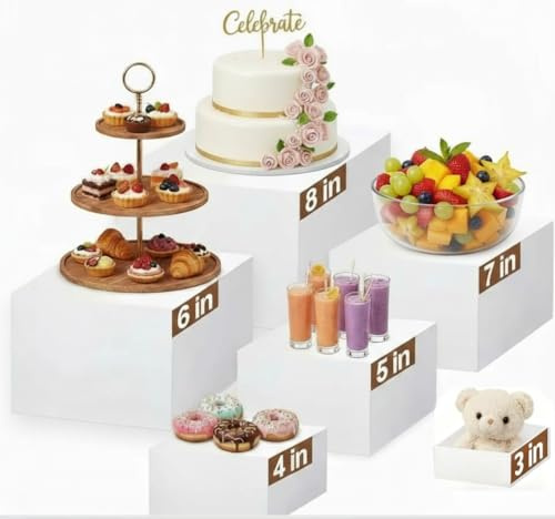 Guguzayth Buffet Risers, Food Display Stand、cake stand–6–Piece Plinths Set (White, 3–8 Inch)–Multiple Heights for Dessert Table, Buffet, Jewelry & Collectibles – Stackable Acrylic Display Stand