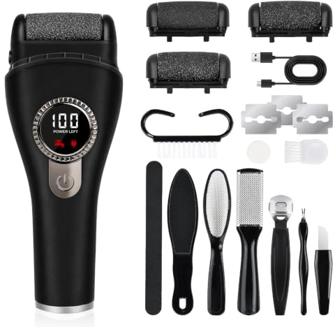 Hornhautentferner Elektrisch Set, Elektrische Fußfeile mit 3 Geschwindigkeiten, 1200mAh, LED Anzeige & Licht, Wassergeschützt, Fußpflege Set mit Ersatzrollen und Pediküre Zubehör
