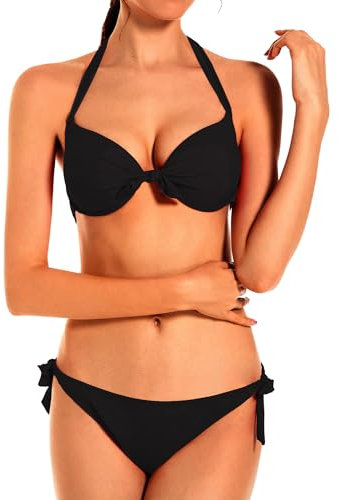 EONAR Damen Bademode Nackenträger Push up Bikinioberteil mit Underwire Einstellbar Seitlich Bindungen Bikini-Sets, Gr.- 70B/75A/75B (Medium)Black
