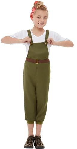 Smiffys WW2 Little Land Girl Costume, Green with Top, Dungarees & Headscarf, Girls Fancy Dress, Child Dress Up Costumes