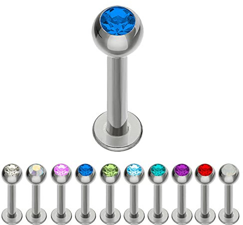 Treuheld® | Silbernes TITAN LABRET PIERCING mit KRISTALL - [124.] 1.2 x 8 mm (Kugel: 3mm) - blau