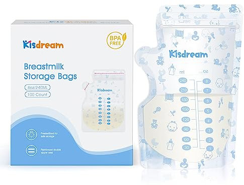 Kisdream 100 Stück Muttermilchbeutel, 240ML Muttermilch Aufbewahrung, Beutel für Milch Aufbewahrung, Vorsterilisiert, Selbstständig, Auslaufsicher, Verdicktem Design, BPA Frei (Large)