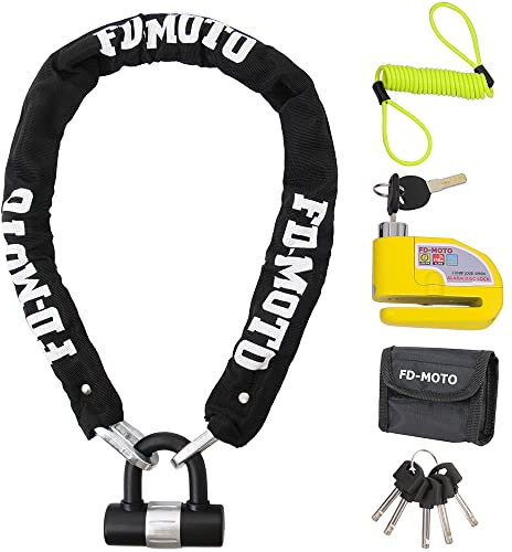 FD-MOTO 1M*10mm 2.4KG Steel Motorcycle Chain Lock Padlock + 110dB Yellow Alarmed Motorbike Brake Disc Lock + 1.5M Cable