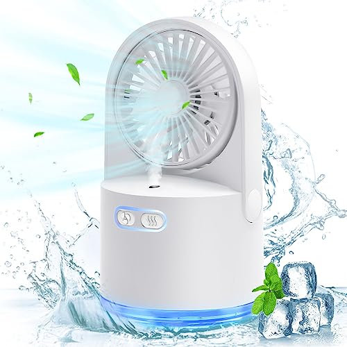 LMYSUFI Mini ventilateur de bureau, portable Ventilateur USB avec brume froide pulvérisée, 3 vitesses réglables, 7 couleurs de veilleuses pour la maison, le bureau, l'extérieur, les voyages (blanc)