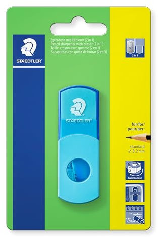 STAEDTLER Spitzdose mit Radierer, neon-türkis, phthalat- und latexfrei, für Stifte im Standardformat, wiederverschließbar, 2 in 1 Spitzer auf Blisterkarte, 511SEF30BK