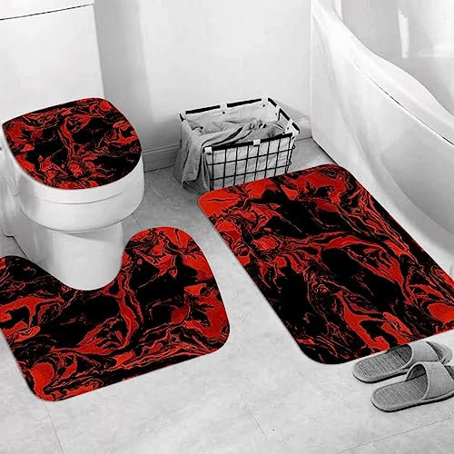 EKSED Badteppich 3 Stück Weiche saugfähige Badematten,Schwarze und rote Marmorstruktur,rutschfeste Badematte Teppiche & Toilettendeckelabdeckung Set Waschbar