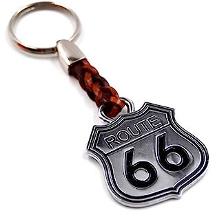 Claro Schmuck Schlüssel-Anhänger Route 66 Schlüsselring aus Metall Stärke 2 mm, Band aus Kunstleder, Gesamtlänge ca. 98 mm
