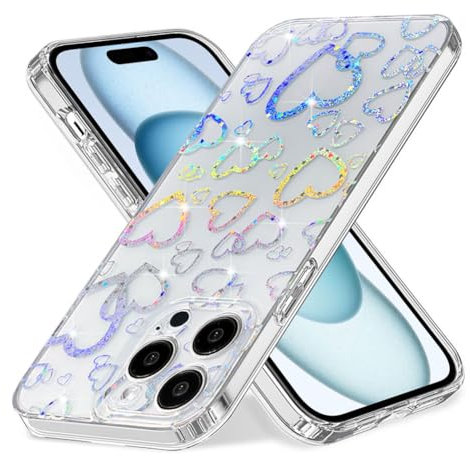 Efitoo Designed for iPhone 15 Pro Max Case Clear with Holographic Hearts Design Cute Bling Glitter Sparkle Laser Love Transparent Shockproof Protective Sturdy Phone Cover for Women Girls