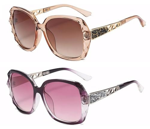 2 Pack HD Anti Glare Sunglasses with Polarized Lens for Man and Women UV Protection Trendy Oversized Sun Glasses (Champagne&Purple)
