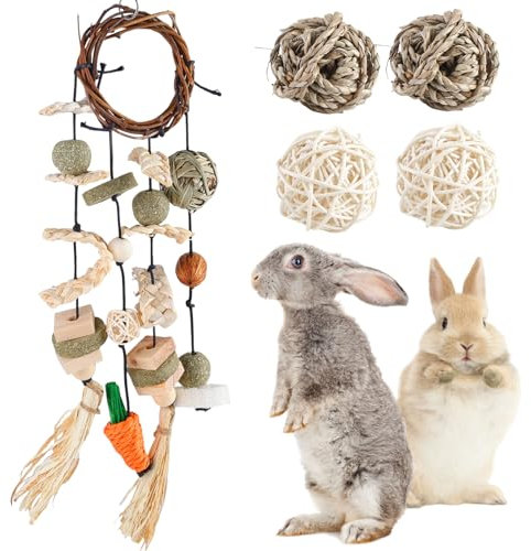 Hamster Kauspielzeug, Kaninchen Kauspielzeug, Hamster-Kauspielzeug, Spielzeug für Kaninchen, Knabberspielzeug, Kaninchen Spielzeug mit 4 Grasball, für Kaninchen, Meerschweinchen, Chinchilla, Hamster