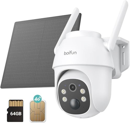 BOIFUN 3G/4G LTE Cámara Vigilancia con Tarjeta Sim y 64GB Tarjeta Memoria, 2K 360° Cámara Exterior con Panel Solar, Visión Nocturna a Color, Audio Bidireccional, Detección de Movimiento, IP65