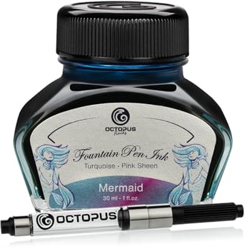 Octopus Fluids Füllhaltertinte Sheen mit Konverter, Mermaid, Petrol, 30 ml | Mit Tinten-Konverter für Füllhalter mit Standardpatronensystem, Sheen-Effekt auf glattem, wenig saugendem Papier