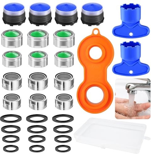 UZSUZZ 16 Pcs Tap Aerator Replacement Part M24 M22 M20 M18.5 M28 Tap Faucet Aerator, Tap Nozzle Replacement Part, Faucet Adapter Kit with Gaskets and Faucet Aerator Wrench Storage Box