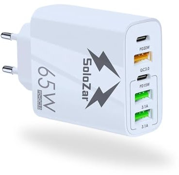 SoloZar 65 W Multi-Port Dual PD&QC Charger Adapter 5 Port PD3.0 QC3.0 Compatibile con iPhone Series, Earphones, Smart Watch, Samsung Galaxy, Xiaomi, Huawei, Google Pixel, Cavo non incluso