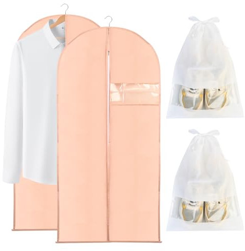 Tenbrachian 2 Custodie per Abiti & 2 Borse per Scarpe, Borsa Porta Abiti 60 x 120 cm, Copriabiti Antipolvere, Custodie Abiti Armadio, Porta Abiti da Viaggio per Camicia Costumi Giacca(Rosa + Bianco)