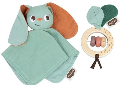 Tiny Love Geschenkset, Hasenschmusedecke & Holzrassel aus Naturmaterialien, Fördert Emotionen, Kommunikation, Kognition & Feinmotorik, Nachhaltig & Ideal für Neugeborene, Garden of Adventures