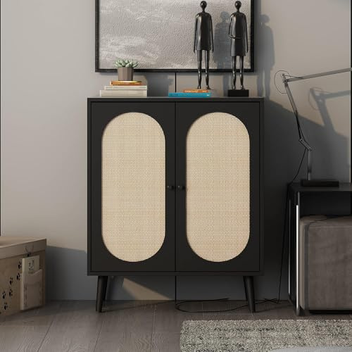 GuannCraft Moderner Kleiderschrank aus Holz mit Rattantüren – geeignet für kleine Räume, Eingangsbereiche, atmungsaktive Aufbewahrungsschränke und Kleiderschränke. (Schwarz)
