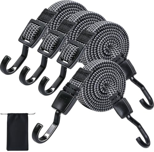 VirtuGro 4Pack 2M Bungee Cords with Hooks Adjustable Flat Bungee Straps | Rubber Bungee Cords Elastic Heavy Duty Straps for Securing Camping Tarp Roof Car Bike Luggage Rack with Storage Bag