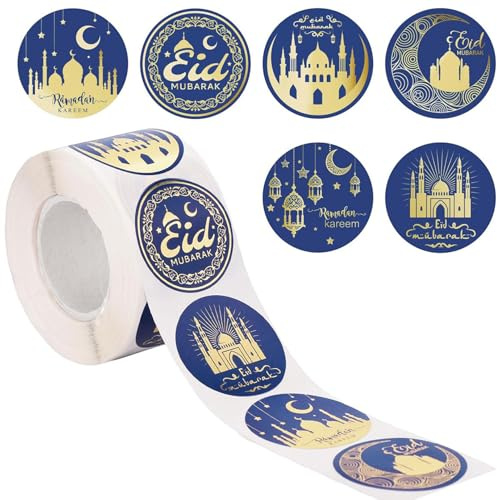 Eid Mubarak Sticker,500 Stück Ramadan Aufkleber Runder Selbstklebende Sticker Ramadan Mubarak Aufkleber Selbstklebende Eid Aufkleber für Umschläge Treat Bags